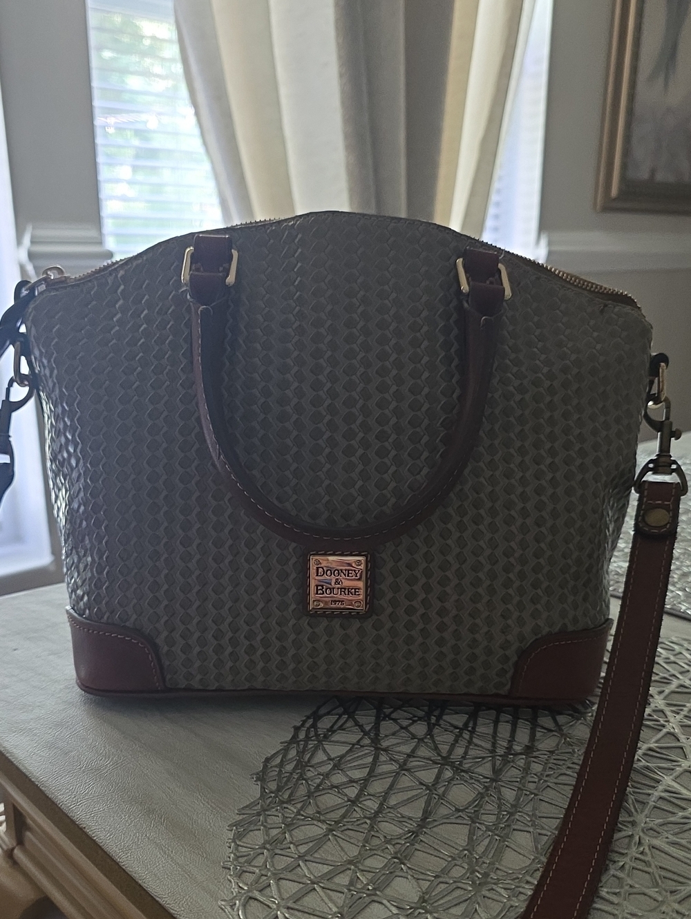 Dooney & Bourke Olive Woven Satchel with Brown Leather Trim